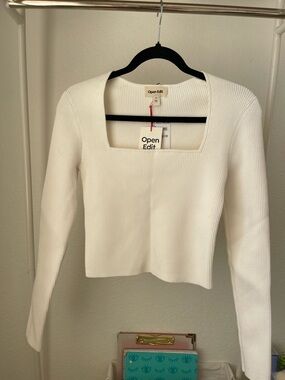 NWT Open Edit Ribbed White Long Sleeve Size M